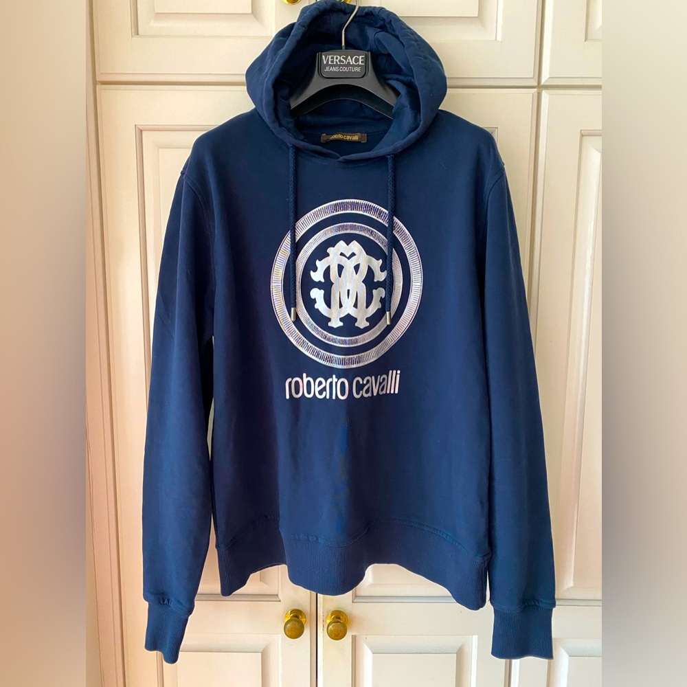 Roberto Cavalli blue print Hoodie sweatshirt Circle Logo men's S drawstring